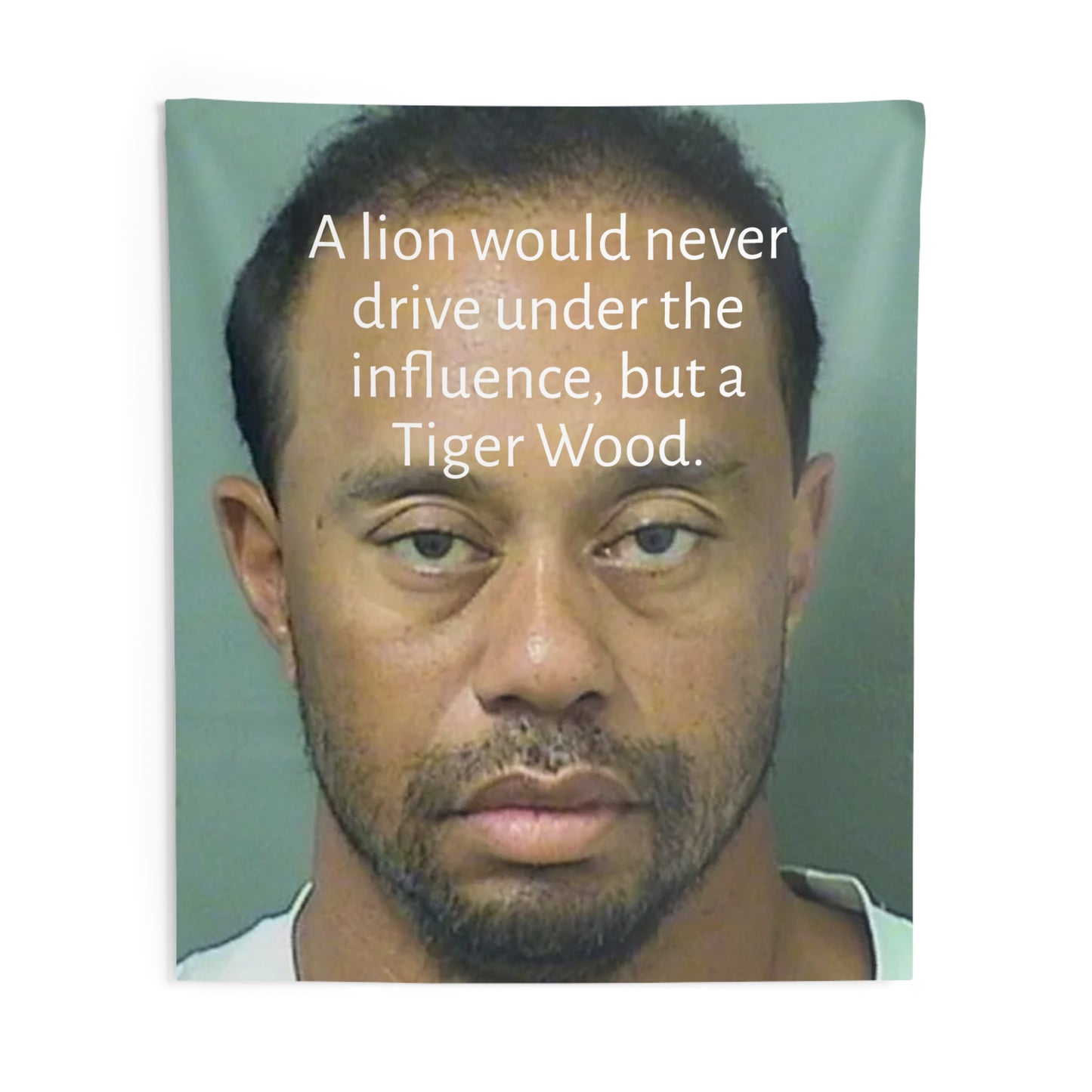 Funny Mugshot Tapestry — "A lion would never drive under the influence, but a Tiger Wood." Wall Art