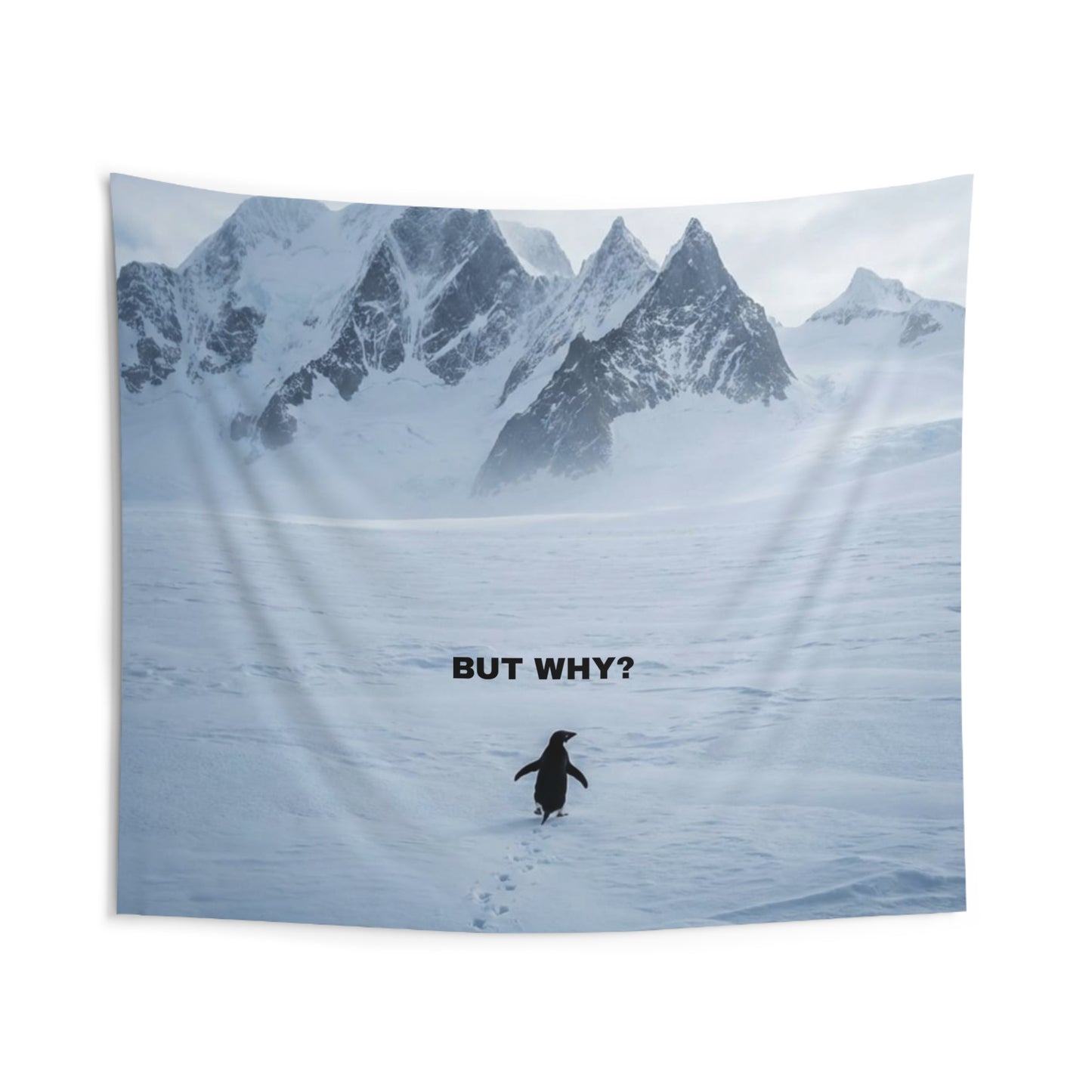 But Why?" Penguin Indoor Wall Tapestry | Funny Meme Mountain Landscape Flag