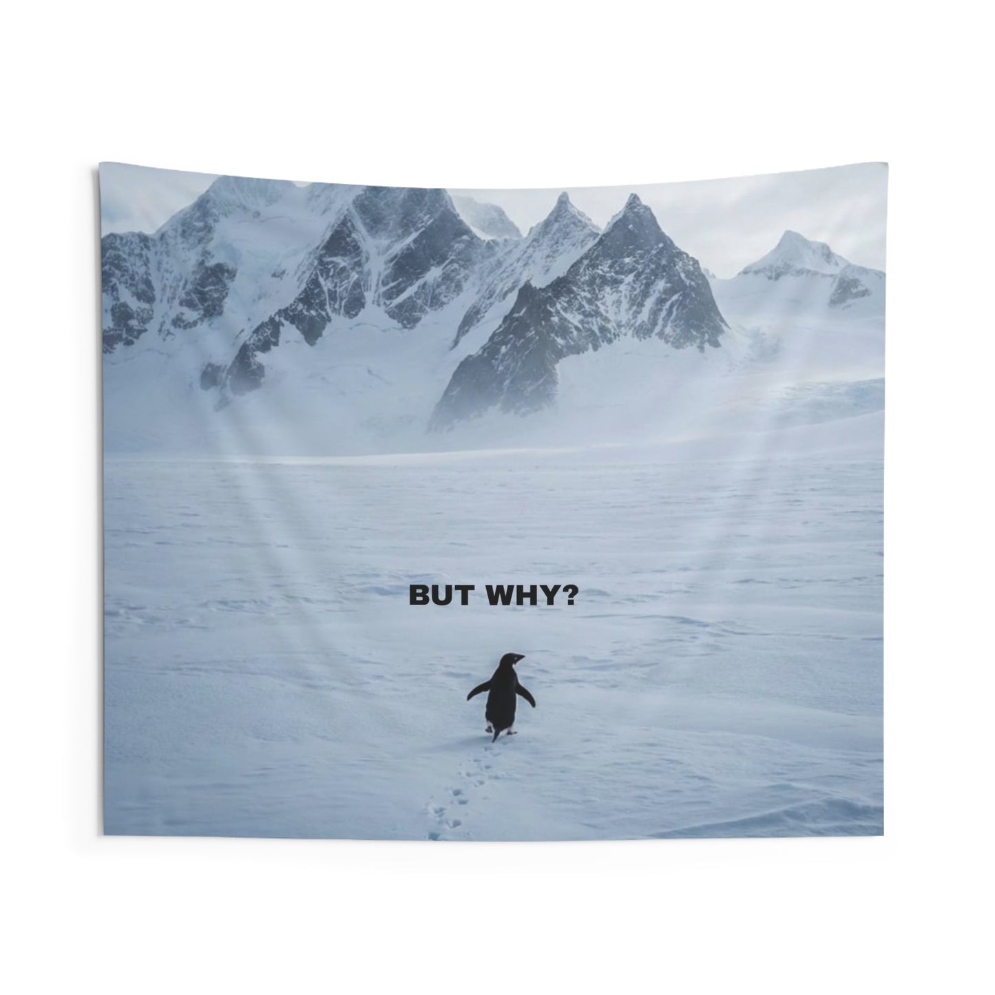 But Why?" Penguin Indoor Wall Tapestry | Funny Meme Mountain Landscape Flag