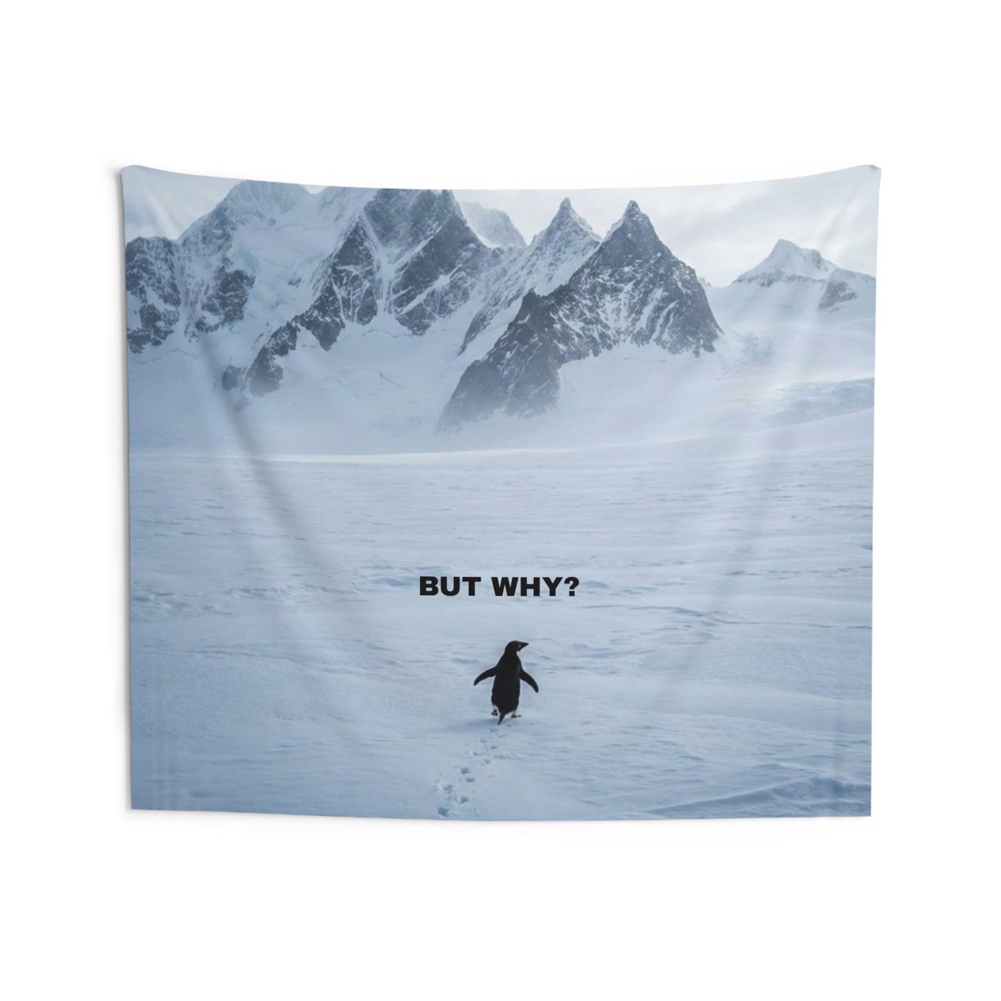 But Why?" Penguin Indoor Wall Tapestry | Funny Meme Mountain Landscape Flag